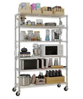 Rock Solid Six Tier Wire Shelving Rack With Wheels Dang Sturdy Heavy Duty Metal Storage Cart fully loaded with kitchen appliances and storage.