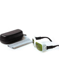Top Shelf Laser Safety Glasses For Nd Yag And Semiconductor Work High Power Eye Protection With Optical Density Filtering Crisp Vision Shield Built Tough, in black case with cleaning cloth.