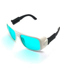 Heavy Duty Pro Grade Red Laser Protective Glasses Delivers Rock Solid Eye Safety With No Sweat Design For Wavelengths Spanning 620 To 700 Nm And Offers Top Shelf Coverage With Ultra Comfy Fit in white and black color with blue lenses.
