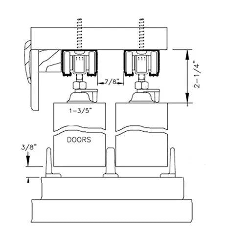 Modern White Bypass Sliding Closet Doors With Solid Core Construction And Complete Hardware Package Featuring Heavy Duty Rollers Slick Matte Finish Delivers Smooth Glide Operation For Fast Room Refresh hardware diagram with detailed measurements.
