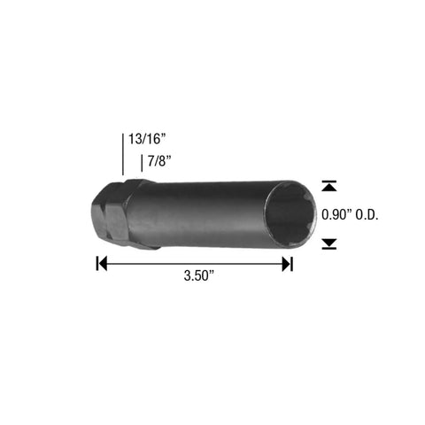 Chrome spline key for lug nuts, 3.50 inches long, 0.90 inches outer diameter, designed for 24 Pack Chrome Spline Lug Nuts For Aftermarket Wheels.