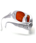 Straight Up Laser Safety Goggles Delivering Grind Proof Eye Protection Across 532Nm 980Nm And 1064Nm With OD4 Plus Shield For Yag Tools And Workshop Grind. White frame with orange tinted lenses.
