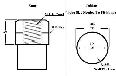 Diagram of bung with dimensions and tubing specifications for Premium 3/8 Inch Four Link Rod End Kit Featuring Solid 4130 Chromoly Steel Bodies And Teflon Kevlar Races With Bung Style Mounting For Badass Street And Drag Builds.