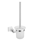 Heavy Duty No Fuss Wall Mounted Toilet Brush Holder With Smooth Chrome Plating And Sleek Black Glass Tumbler For Quick Cleanup And Snug Bathroom Organization, featuring chrome handle and glass holder.