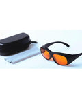 Heavy Hitter Laser Safety Glasses With OD5 Filter Blocking Violet Blue Green Lasers in black case and cleaning cloth.