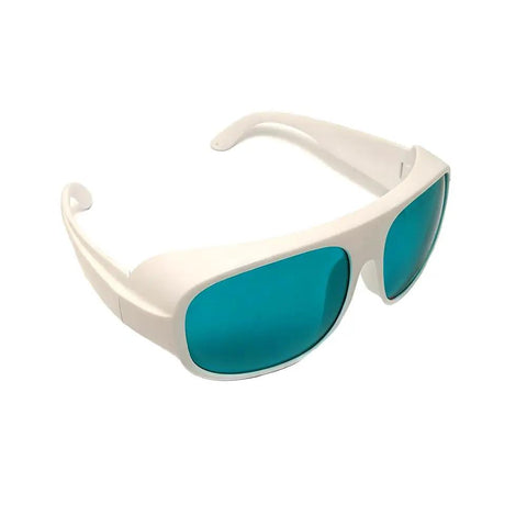 Straight Up Tough Laser Safety Glasses For Red Beam Work Featuring Od6 Plus Filter and DIR LB5 Rating Across 620 To 700 Nm Range, white frame with blue lenses.