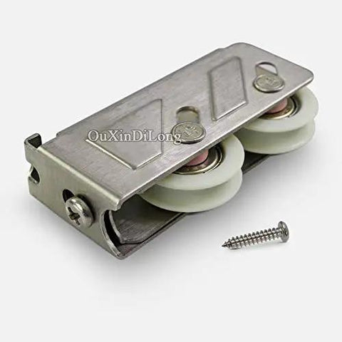 Heavy Duty Sliding Door And Window Rollers With Heavy Hauler Nylon Wheels Four Piece Set Double Wheel Silent Glide Stainless Steel Track Hardware For No Fuss Fixes displayed with stainless steel frame and nylon wheels.