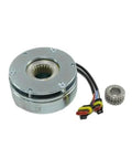 Angled front view of forklift electromagnetic brake assembly with chrome housing, wiring harness, and spline hub.