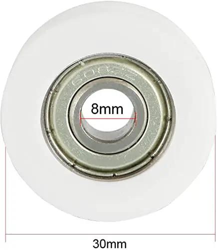 White 4 Pack V Groove Guide Bearing Pulley Wheels 8X30X11MM Aluminum Linear Sliders For 3D Printers And CNC showing 8mm inner diameter.