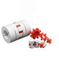 Claw Type Flex Jaw Shaft Coupler For CNC Stepper Servo Motors With Shock Absorber Vibra Damp Grooved Design in white and red.