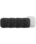 Outdoor 4 XR Wireless Security Camera System With Four Battery Powered Cameras Delivers Killer Coverage Up To 1000 Feet Open Air Or 400 Feet Typical Use Two Year Battery Life Four Camera Kit For Whole Home Surveillance, showing four black cameras and a white sync module