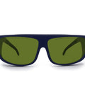 Hardcore Pro Grade Laser Safety Glasses Offering Genuinely Legit OD Eight Plus Protection Over UV And IR Spectrums front view with green lenses in navy frame.