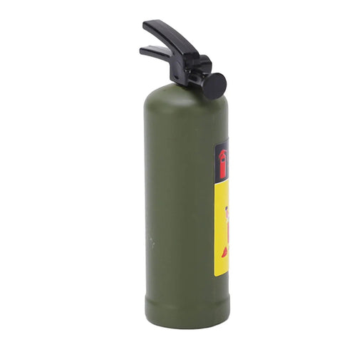 Slick Green Mini Fire Extinguisher For RC Rigs With Vivid Simulation Look And Quick Swap Mounting For Axial SCX10 And WPL MN Series Trucks side view showing cylindrical body and black nozzle.
