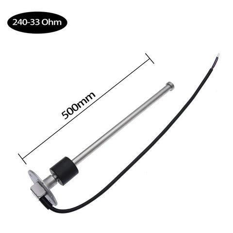 Heavy Duty Marine Fuel Gas Sender Featuring Stainless Steel Sending Unit Built Tough For Boats And Water Level Gauge Sensor With Drop In Ready Five Hole Mount And 240 To 33 Ohm Resistance For 500 mm Float Arm, showing 500mm length and wiring.