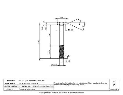 Hella Tough Top Shelf 1/4 20 X 2 Inch Titanium Hex Head Bolts Grade 5 Ti 6Al 4V technical drawing showing dimensions.