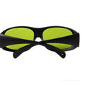 Legit Infrared Laser Safety Glasses Blocking 740Nm To 1100Nm ND YAG And Diode Beams with green lenses and black frame.