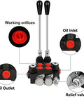 Beefy Hydraulic Flow Control Valve With Two Spools, 11 GPM, G Port Inlets, Adjustable Relief, Lever Handle, oil inlet and outlets shown