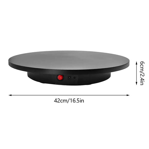 Motorized Rotating Display Stand With Remote 16.5Inch 360 Electric Spinning Photography Turntable For Jewelry Watches And Decor TopShelf UltraQuiet Rotation QuickSetup Control MaxWeight OverTwo Pounds Slick GlossBlack Base top view showing dimensions and controls.