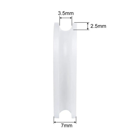 8 Pack U Groove Ball Bearings With Tough Nylon Races And Heat Treated Steel For Heavy Duty Pulley Builds And Slick Gear Mods That Roll Out The Barrel Flawlessly, side view showing dimensions 7mm depth, 3.5mm groove width.