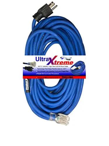 Beast Mode 50 Ft 14 Awg Blue Extension Cord With Illuminated Locking Receptacle Frigid Flex Tech keeps it plush in bone chilling cold.