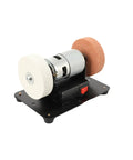 Workhorse Multi Purpose Bench Grinder And Sander With Rock Solid Brushless Motor And Variable Speed Dial For Chipping Rust And Sharpening Metal Wood Desktop Polisher, compact design and motor with white and brown wheels.
