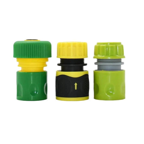 20 Pack Quick Connect Garden Hose Fittings Set With 1/4 Inch To 1 Inch Sizes For Quick No Fuss Hose Repair, Drip Irrigation, And Watering System Connectors Made From Durable Plastic, three fittings shown
