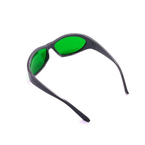 All American Heavy Duty Laser Safety Glasses With Killer Eye Protection For High Power Red And Infrared Diode Beams Wide 631 To 1100 Nanometer Range clear lens with green tint viewing side.
