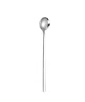Long stainless steel spoon with round tip on white background