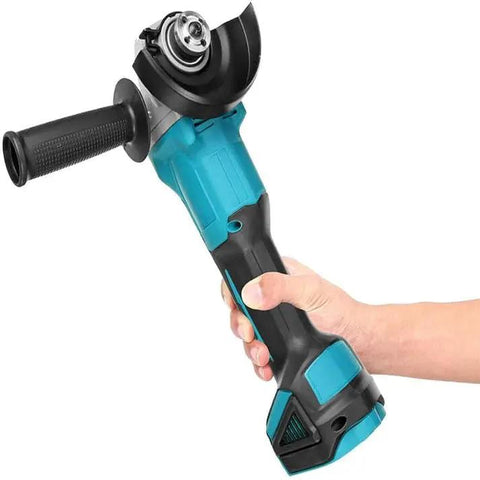 Rock Solid Electric Angle Grinder Tearing Through Metal And Wood With Knockout Torque And Adjustable Safety Guard For Smooth Cutting Grinding Polishing Plus Deep Grip Auxiliary Handle In Classic Blue Black in use with a hand gripping the auxiliary handle.