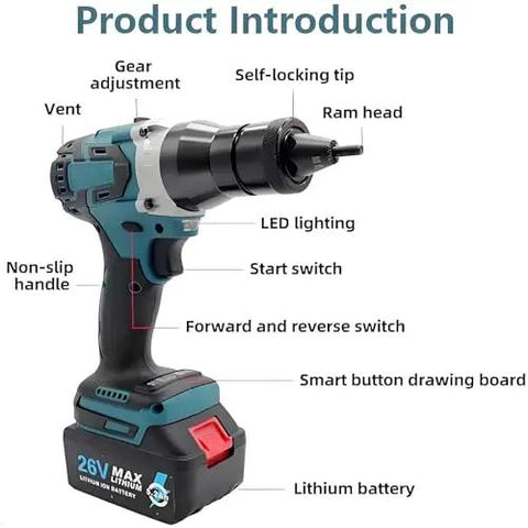 Kickass Cordless Electric Rivet Gun Set With 5.2 Ah Battery showing gear adjustment, LED light, and lithium battery for easy installation.