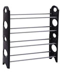Four Tier Shoe Rack Organizer Vertical Entryway Storage Shelf Featuring Solid Plastic Frame with multiple layers for boots and umbrellas.