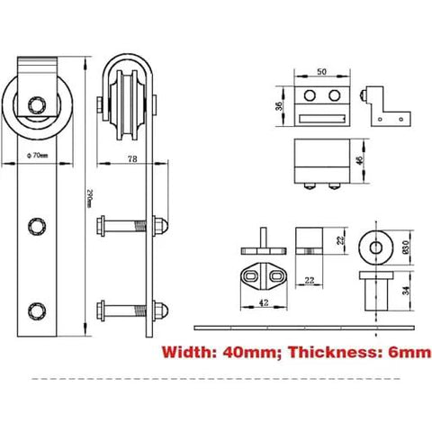Heavy Duty Double Bypass Sliding Barn Door Hardware Kit With Low Profile Flat Track System technical drawing with dimensions.