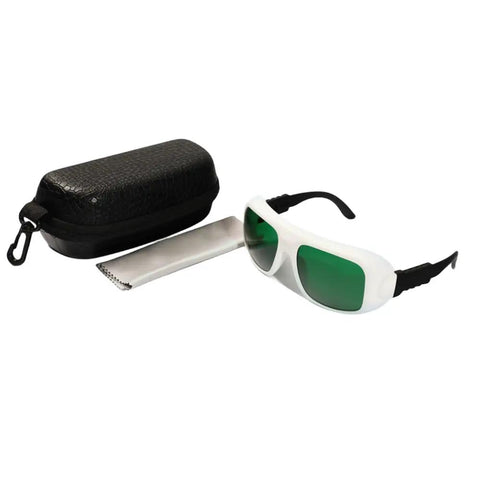 Badass Multi Wave Laser Safety Glasses Featuring Hella High Optical Density Eye Shielding For Blue Red And Near Infrared Light Lab And Workshop Approved Gear That Is Totally Legit Daily with case and cleaning cloth.