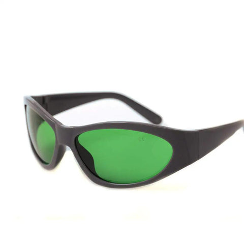 Pro Grade Laser Safety Glasses Built For Heavy Duty Red Diode Work Featuring Rock Solid OD Lens And Top Shelf Eye Protection At 635Nm 808Nm And 980Nm, black frame with green lenses, angled view.