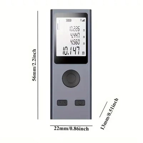 Heavy Duty Laser Rangefinder With Hella Accurate 98 Foot Digital Measurement Tool showing LCD display and dimensions.