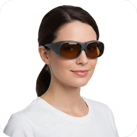 Heavy Duty Laser Safety Glasses For Tattoo Removal showing woman wearing sturdy black frames with OD5+ protection.