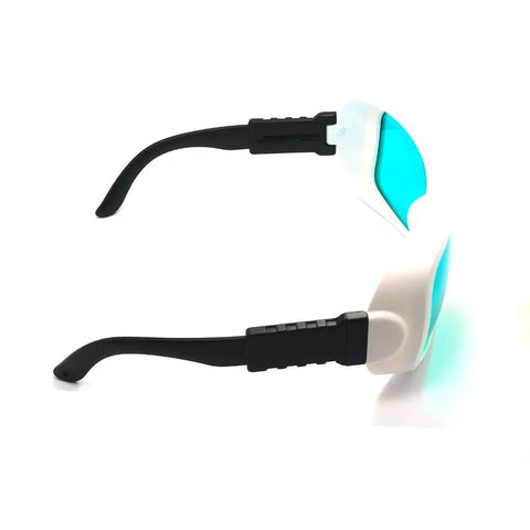Heavy Duty Pro Grade Red Laser Protective Glasses Delivers Rock Solid Eye Safety With No Sweat Design For Wavelengths Spanning 620 To 700 Nm side view with clear lenses.