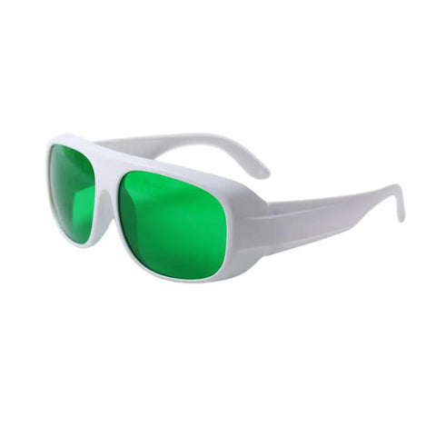 Top Shelf Red Laser Safety Glasses With Straight Up OD6 Protection And Crisp Clear Lenses Covering 620 To 700Nm For Heavy Duty Shop Use And Reliable Eye Coverage, green lenses and white frame.