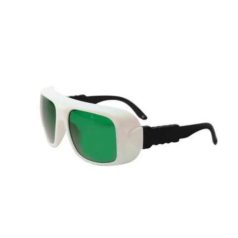 Badass Multi Wave Laser Safety Glasses Featuring Hella High Optical Density Eye Shielding For Blue Red And Near Infrared Light Lab And Workshop Approved Gear That Is Totally Legit Daily, side angle view, green lenses, black and white frame.