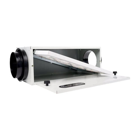 Heavy Duty Inline Filter Box Fits Six Inch Ductwork With Top Shelf MERV 13 Media, 10x8x20.5 inch galvanized steel design.