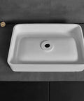 Slick Rectangular Bathroom Vessel Sink Crafted From Heavy Duty Artificial Stone Table Top Basins Featuring Thick Edges That Hold Up Over Years Durable White Countertop Washbasin top view.