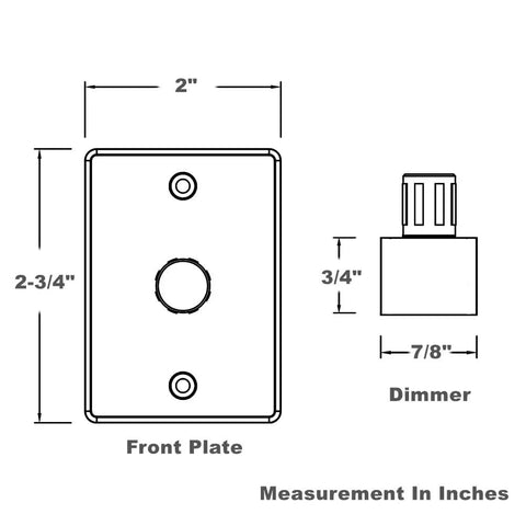 Diagram of Game Changer 12v Pwm Dimmer Switch For Rvs And Trailers, showing front plate and dimmer dimensions.
