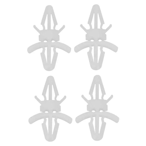 Four white plastic clips on a white background, designed for securing components in industrial systems. Focus on shape and structure.