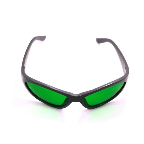 All American Heavy Duty Laser Safety Glasses With Killer Eye Protection For High Power Red And Infrared Diode Beams Wide 631 To 1100 Nanometer Range clear lens in black frame with green lenses.