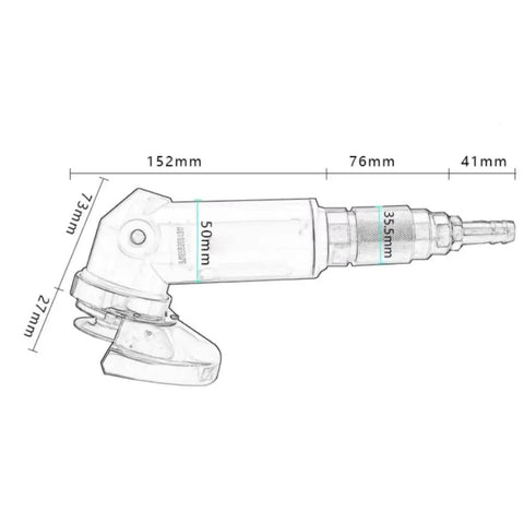 Premium Heavy Duty 5 Inch Pneumatic Angle Grinder with measurements showcasing size and design features.