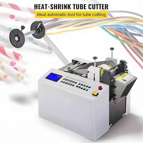 Top Tier 250W Automatic Heat Shrink Tube Cutter High Precision Electric Pipe Cutting Machine showing digital controls and spool.