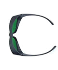 Hella Super Slick Dual Wave Laser Blocking Shades For Red And Infrared Beams Wavelengths Od3 Plus And Od5 Plus black frame with green lenses.