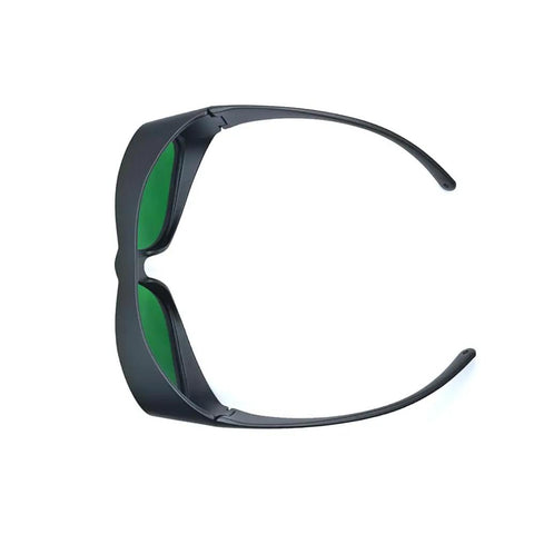 Hella Super Slick Dual Wave Laser Blocking Shades For Red And Infrared Beams Wavelengths Od3 Plus And Od5 Plus black frame with green lenses.