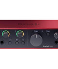 Scarlett Solo USB-C Audio Interface 4th Gen front view, red compact design with control knobs for home studio use.