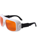Top Shelf Laser Safety Goggles With Hardcore Ultraviolet And Green Laser Defense Featuring OD5 Optical Density Across Excimer Argon Ranges, white and black frame with orange lenses.